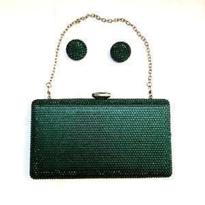 Emerald Embellished Green Studded Clutch Snap Open & Earrings